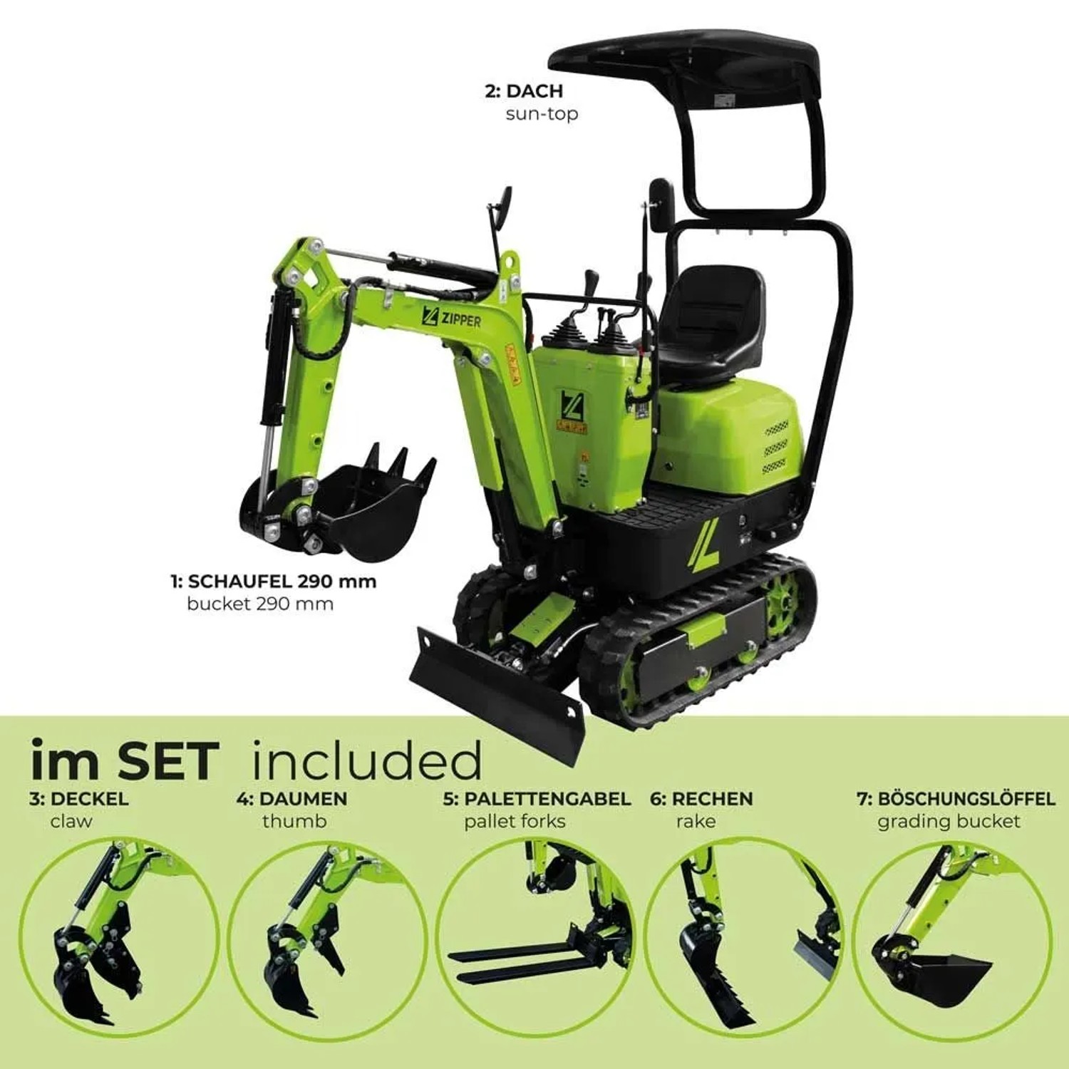 Zipper Minibagger ZI-MBG600S7 6,8 kW Benzin mit Zubehör-Set