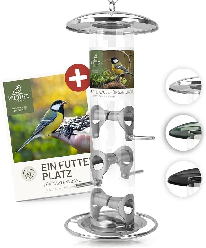 wildtier liebe Körner-Futtersäule aus Edelstahl mit Anflugplätzen