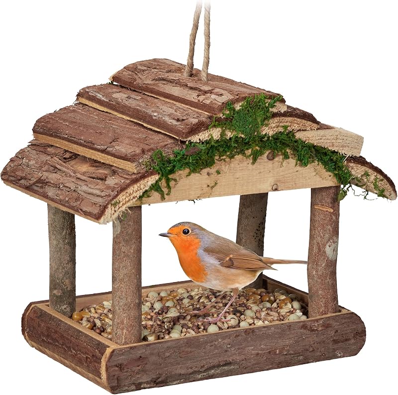 Relaxdays Vogelfutterhaus aus Holz mit Rindendach und Rotkehlchen